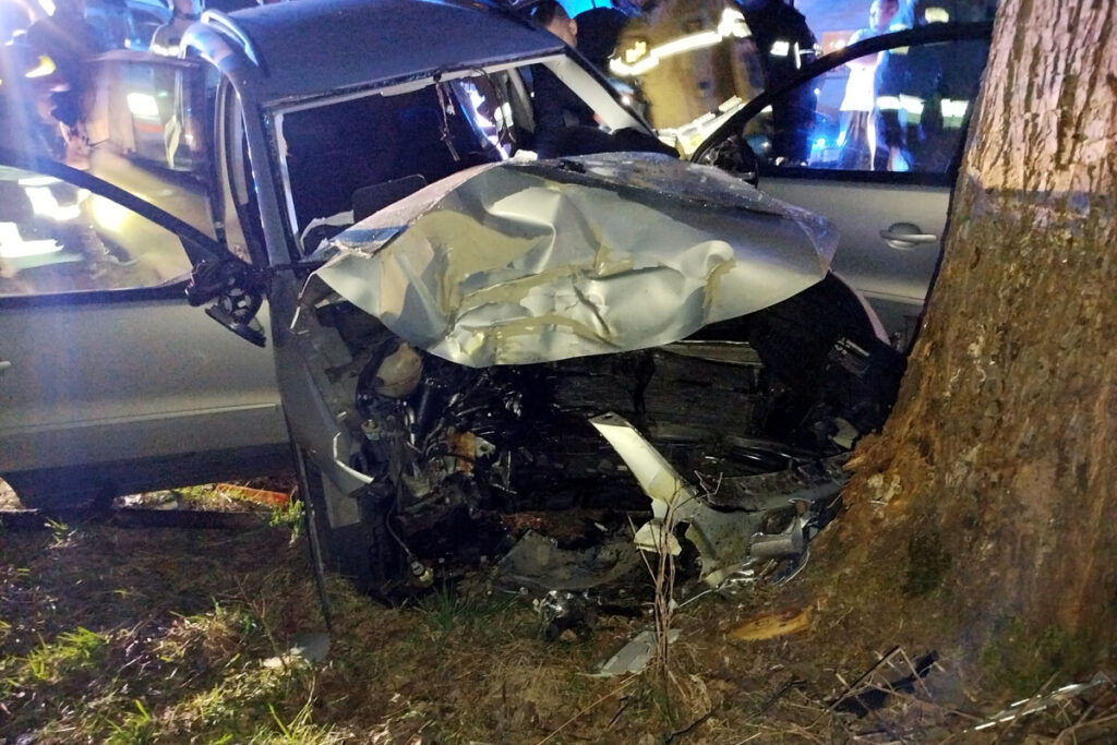 Uszkodzony samochód osobowy uderzony w drzewo, wokół ratownicy i strażacy pracujący na miejscu wypadku.