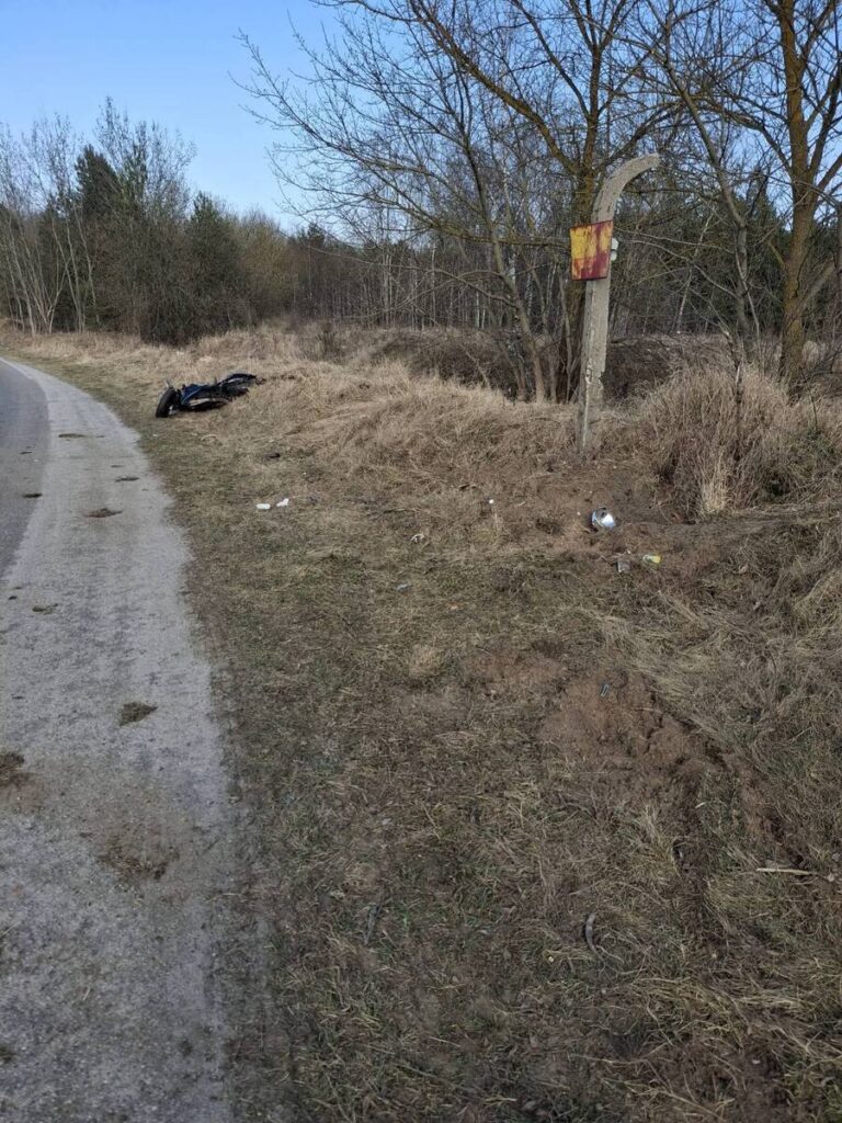 Na poboczu drogi leży uszkodzony motocykl, obok widać zarośla i drzewo z przydrożnym znakiem.