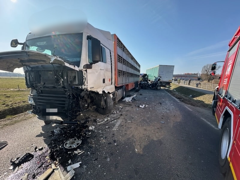 Wielka ciężarówka z uszkodzoną kabiną stoi na poboczu drogi, obok niej leży wrak mniejszego pojazdu, a w tle widać straż pożarną.