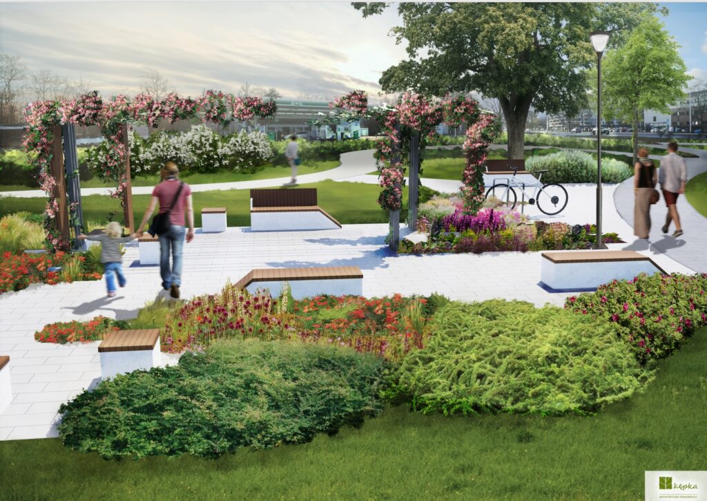 Rodzina spacerująca po nowoczesnym parku z kwiatami, ławeczkami i ścieżkami, w tle rower i alejka.