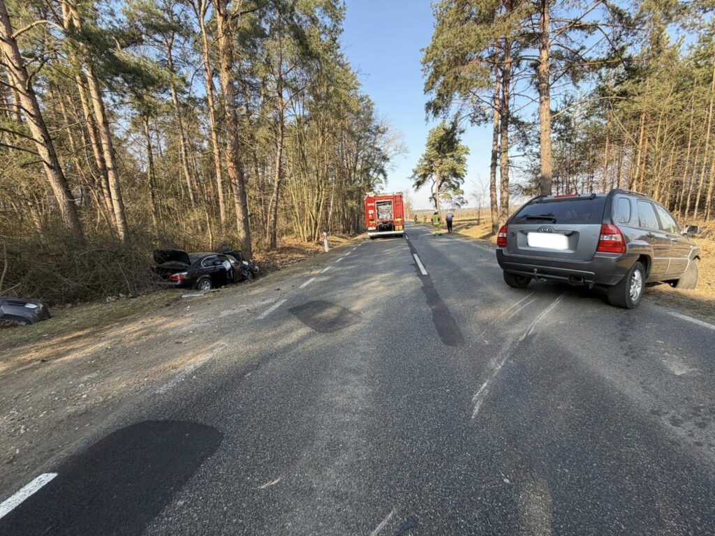 Czarne auto osobowe w rowie, obok szare SUV z widocznymi śladami na drodze, w tle straż pożarna i drzewa.