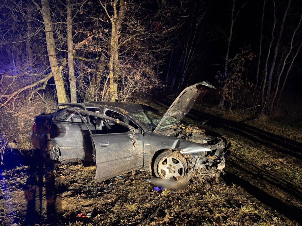 Zniszczony samochód osobowy stoi w lesie, z otwartą maską, obok widoczne drzewa i ciemne otoczenie.