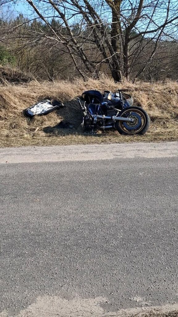 Motocykl leżący na poboczu drogi, obok torby i zarośli, w słoneczny dzień.