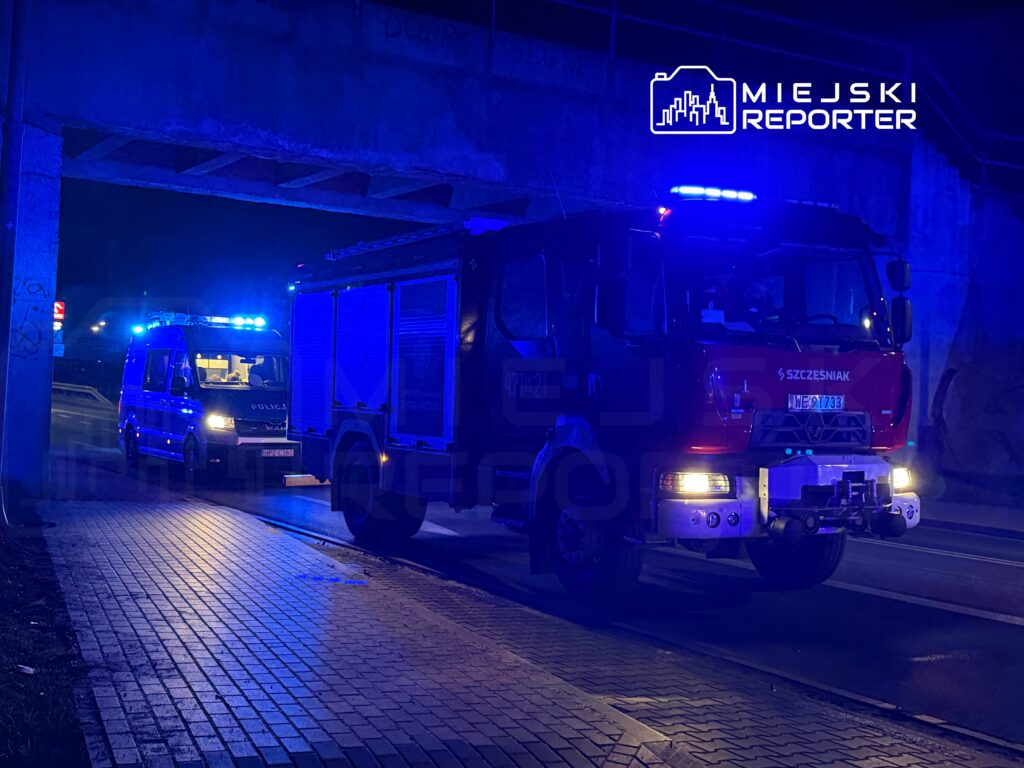 Na drodze zatrzymane pojazdy: radiowóz policyjny i wóz strażacki z niebieskimi sygnałami świetlnymi.