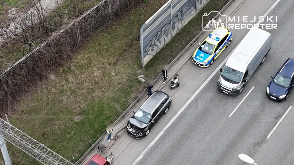 Na poboczu drogi stoi uszkodzony czarny samochód, obok grupka osób oraz policyjny radiowóz.
