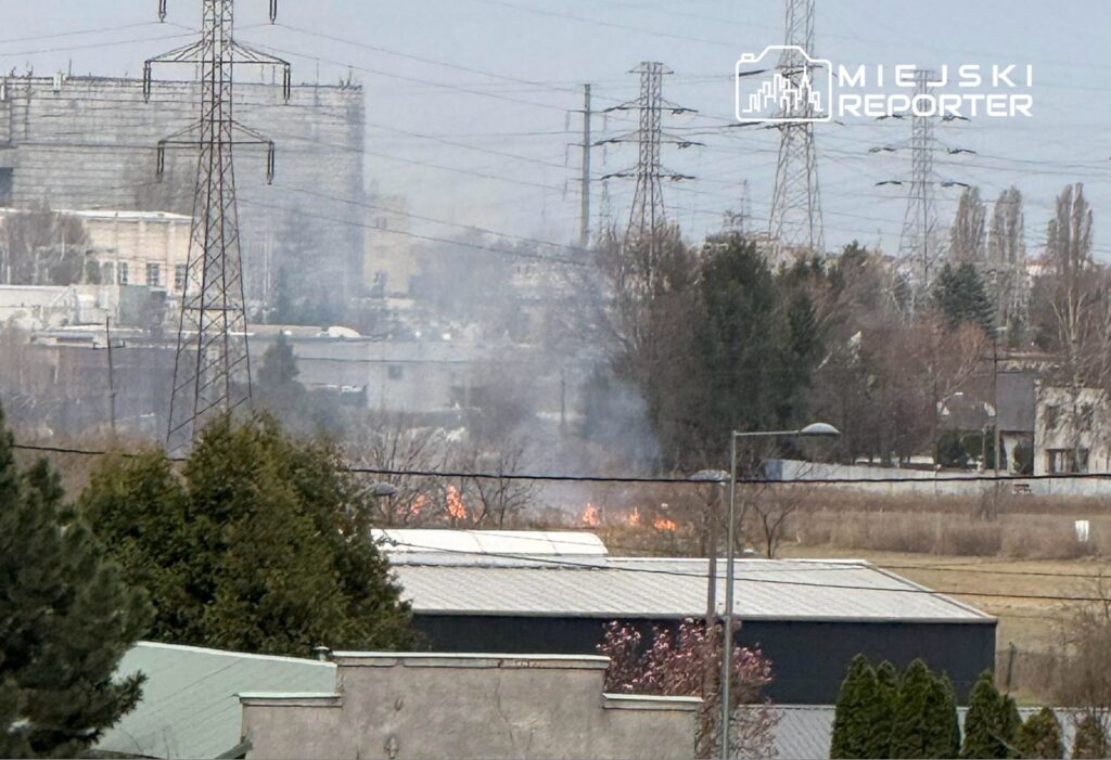 Dym unoszący się nad trawą, w tle widać przemysłowe budynki i słupy wysokiego napięcia.