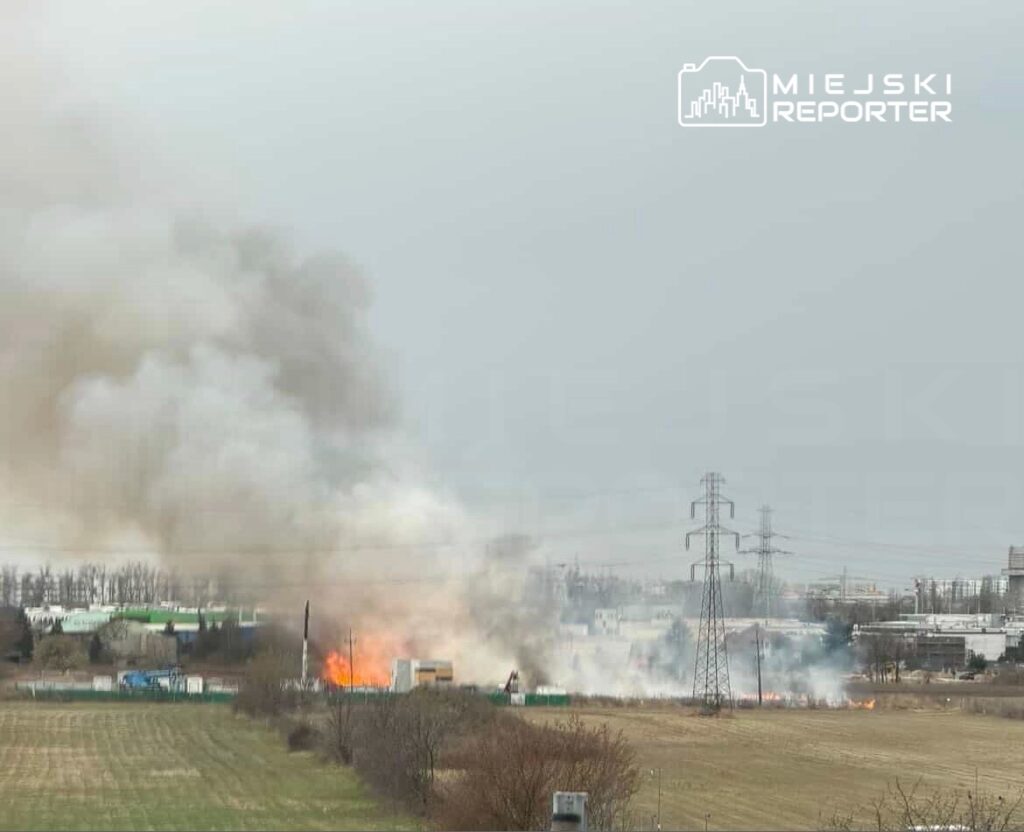 Pożar trawy wydobywający się z obszaru zieleni, w tle dym i przemysłowe budynki.