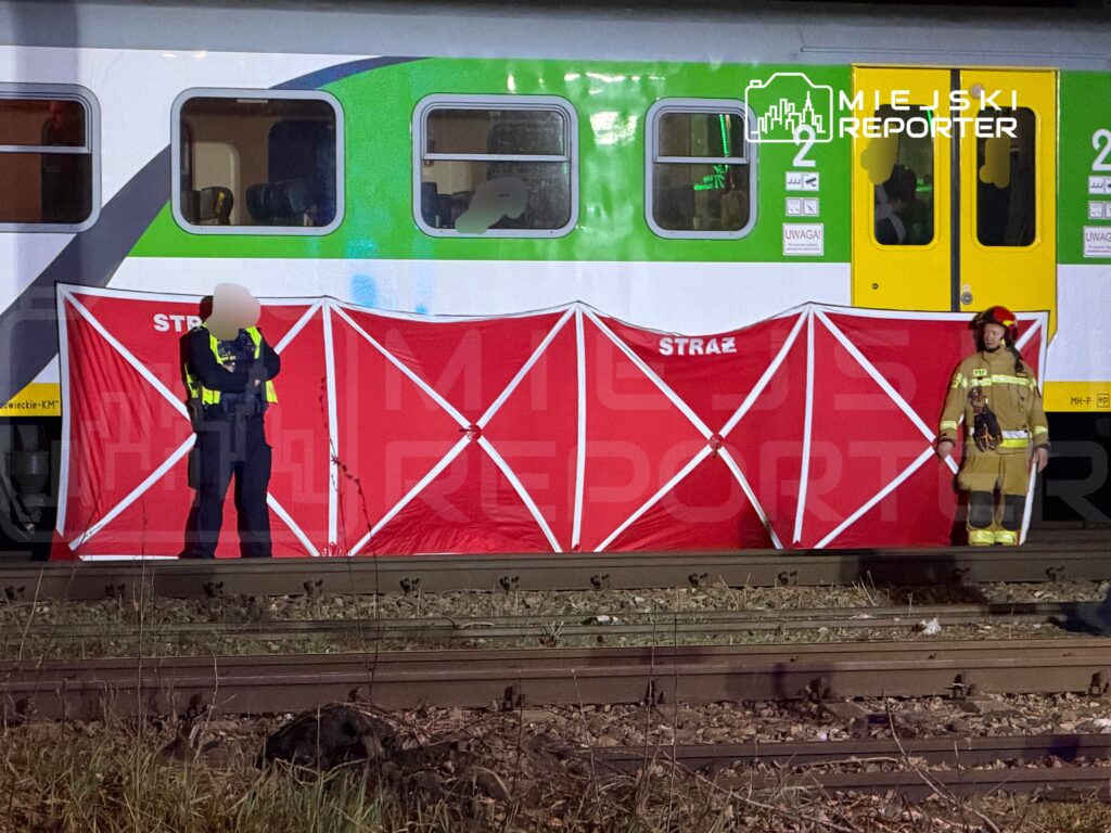 Funkcjonariusz straży i strażak stoją obok czerwonej osłony na torach kolejowych, w tle pociąg.