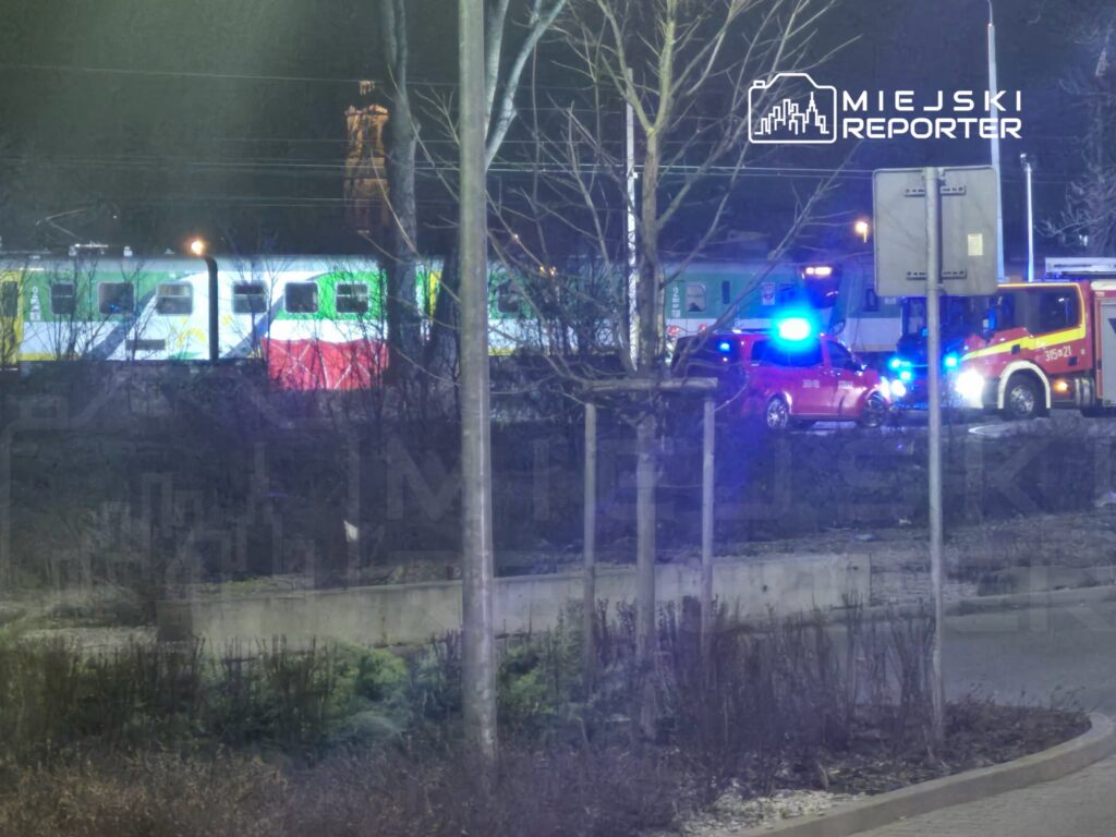 Pojazdy ratunkowe z włączonymi sygnałami świetlnymi stoją obok peronu kolejowego w nocy.