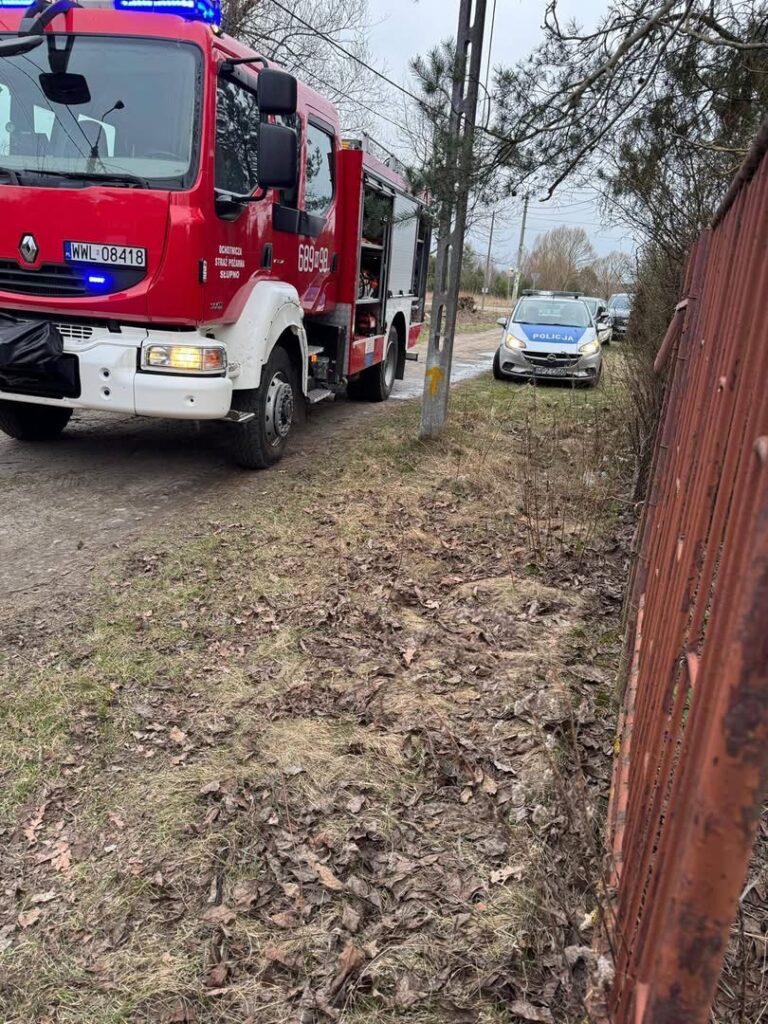 Czerwony wóz strażacki zatrzymany przy drodze, obok policyjny radiowóz na tle zarośli i gołych drzew.