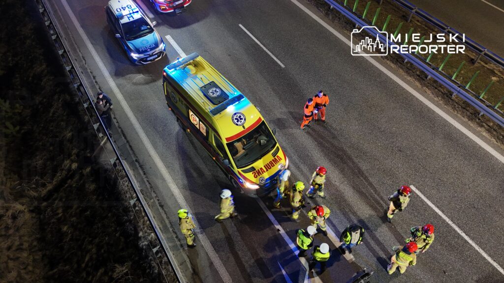 Zespół ratowników medycznych i strażaków pracuje na drodze, obok karetki i radiowozu policyjnego.