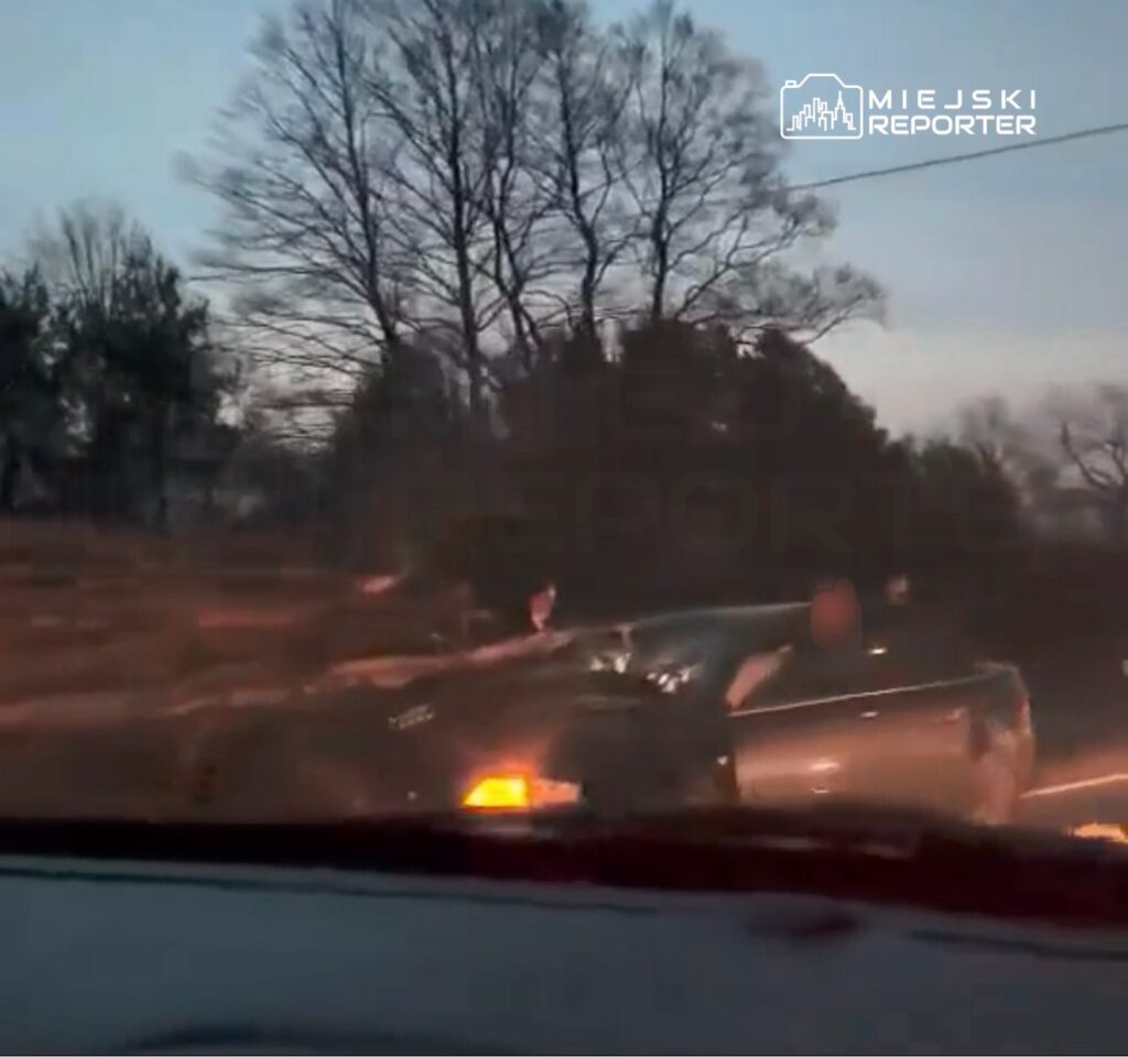 Samochód zatrzymany na drodze, z osobą siedzącą w środku, w tle widać drzewa o zachodzie słońca.