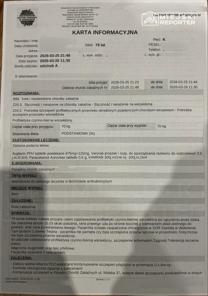 Dokument medyczny zawierający informacje o przyjęciu pacjentki, w tym diagnozy, zalecenia i dane dotyczące leczenia.