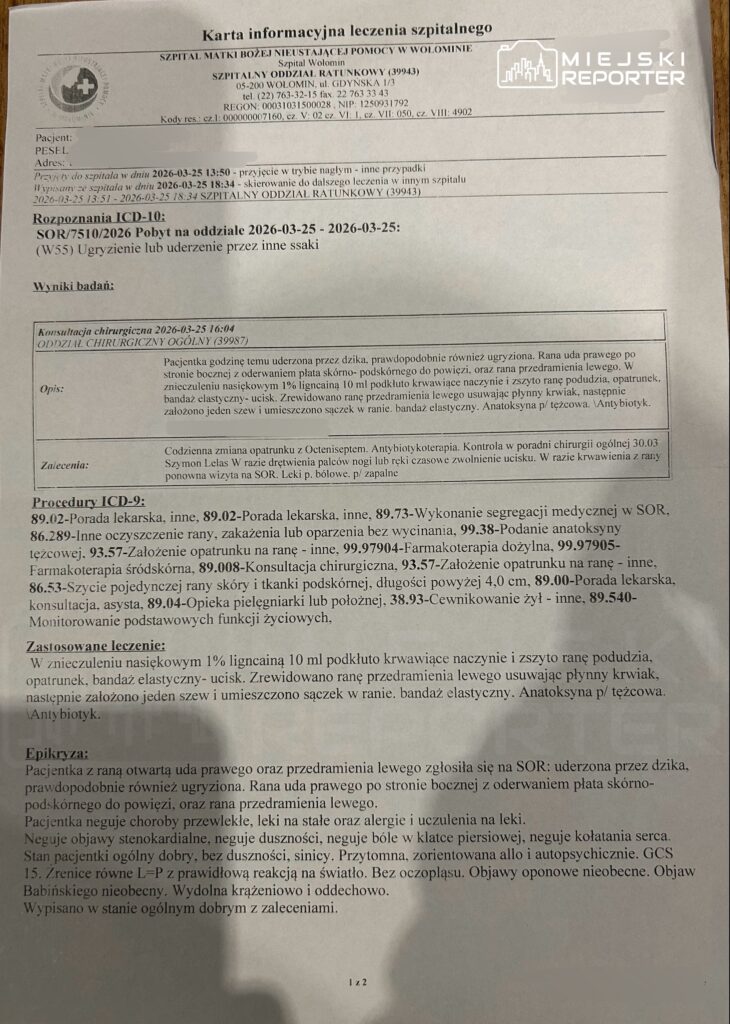 Dokument medyczny zawierający informacje o leczeniu pacjenta w szpitalu, w tym diagnozy i zalecenia.