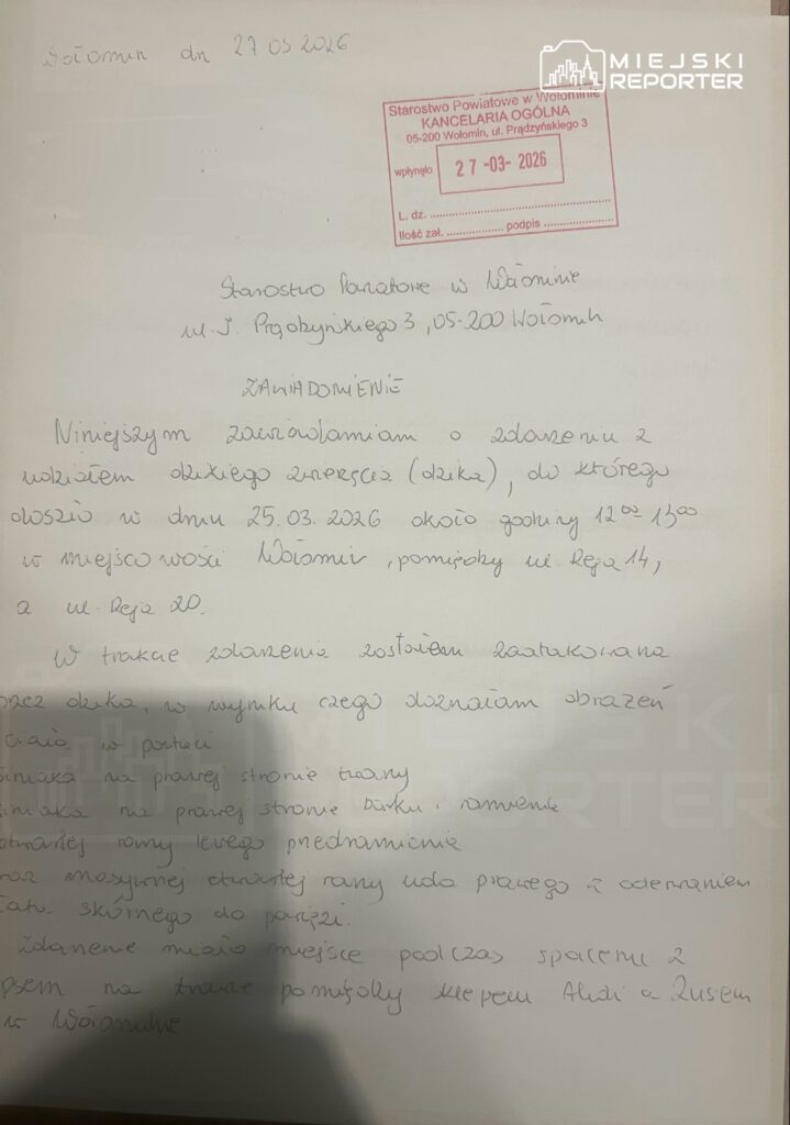 Dokument urzędowy z datą 27.03.2026, zawierający informacje o zdarzeniu drogowym, z pieczęcią urzędową.
