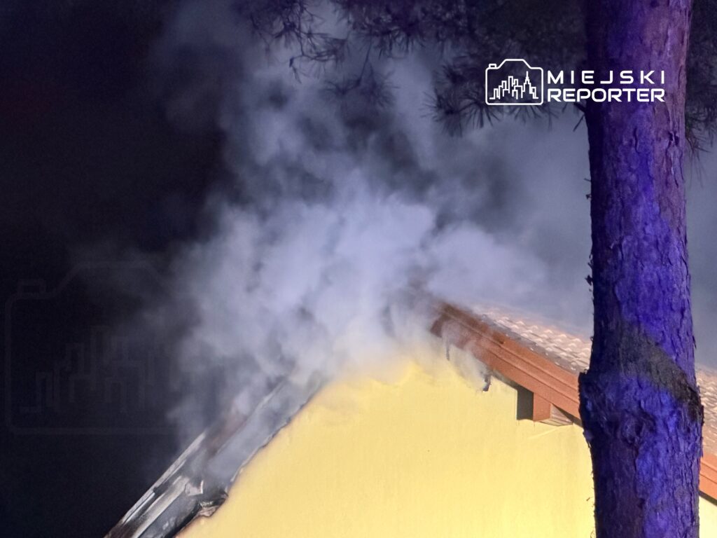 Z dachu budynku wydobywa się gęsty dym, w tle widać ciemne niebo i drzewa.