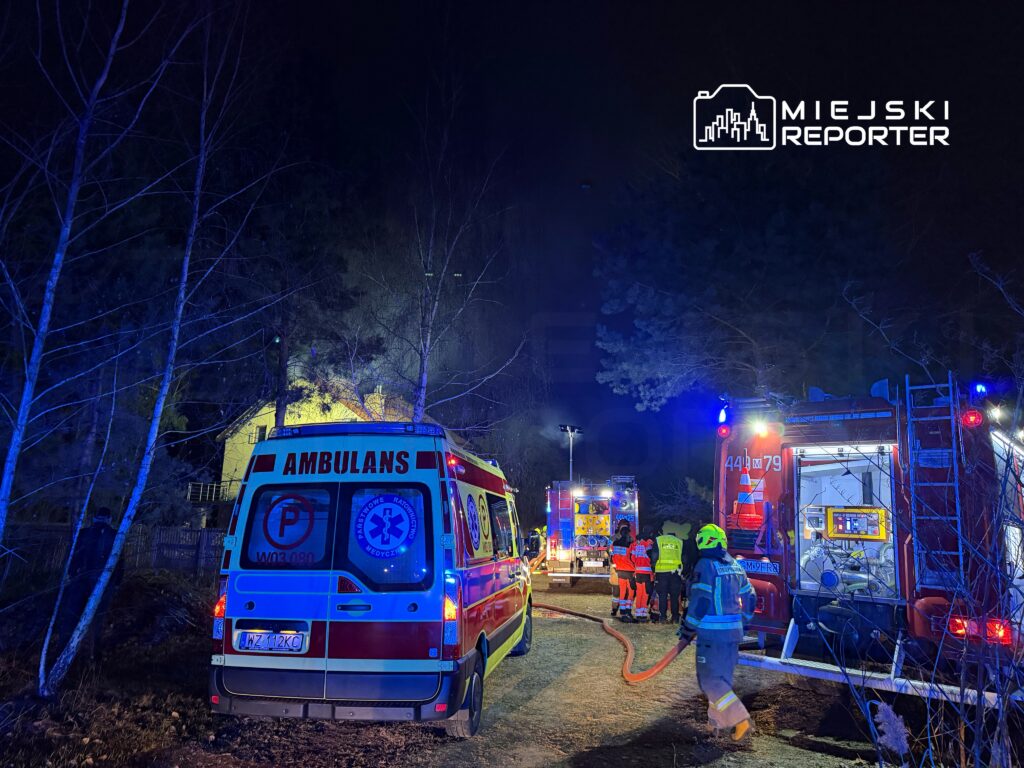 Ambulans i pojazdy straży pożarnej na nocnej akcji ratunkowej w lesistym terenie, z włączonymi sygnałami świetlnymi.