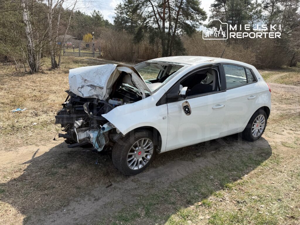 Uszkodzony biały samochód osobowy stoi na poboczu drogi, z wyraźnymi uszkodzeniami przodu i otwartą maską. W tle widoczna zieleń i drzewa.