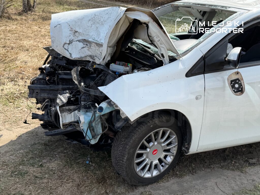 Zniszczony samochód osobowy z uszkodzoną przednią częścią stoi na poboczu drogi w otoczeniu trawy.