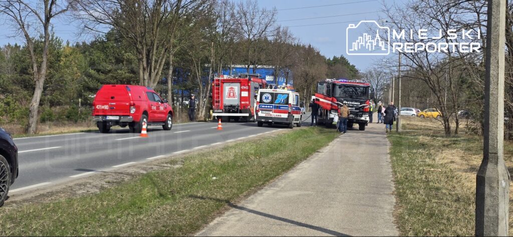 Na drodze zatrzymane pojazdy straży pożarnej i karetka, obok pracujący strażacy oraz zebrani gapie.