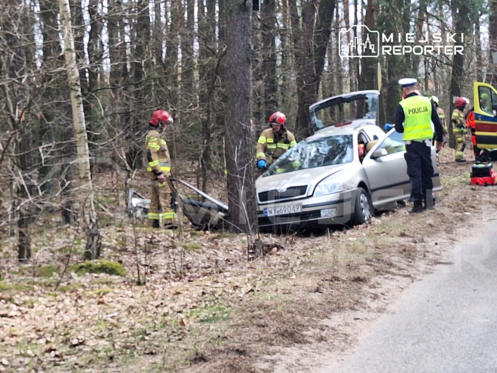 Strażacy w mundurach pracują przy uszkodzonym samochodzie w lesie, obok stoi policjant w kamizelce odblaskowej.