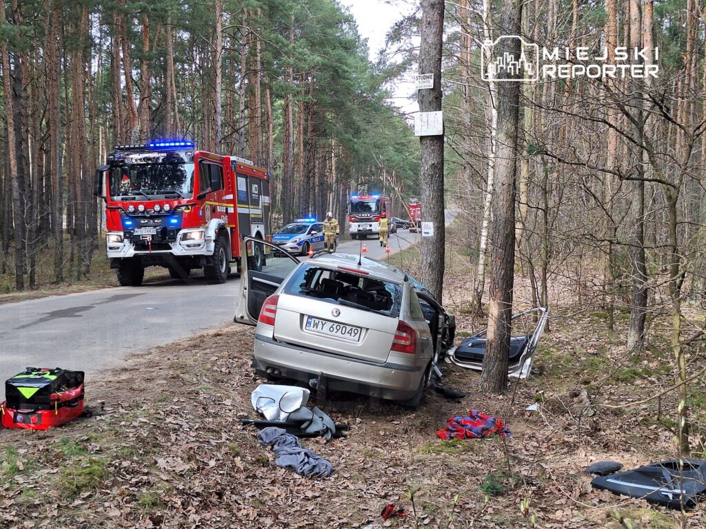 W miejscu wypadku samochód osobowy stoi na poboczu leśnej drogi, a obok niego znajdują się pojazdy służb ratunkowych.