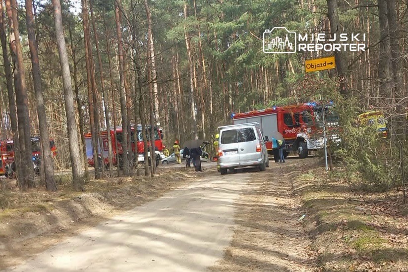 Grupa strażaków oraz pojazdy ratunkowe na leśnej drodze, w otoczeniu drzew, podczas akcji ratunkowej.