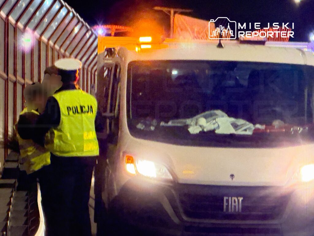 Funkcjonariusz policji rozmawia z osobą w odblaskowej kamizelce przy radiowozie na oświetlonym terenie.