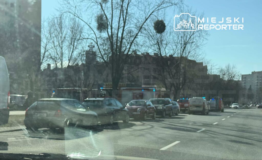 W tle widać budynki, a na pierwszym planie pojazdy służb ratunkowych z włączonymi sygnałami świetlnymi zatrzymane na ulicy.