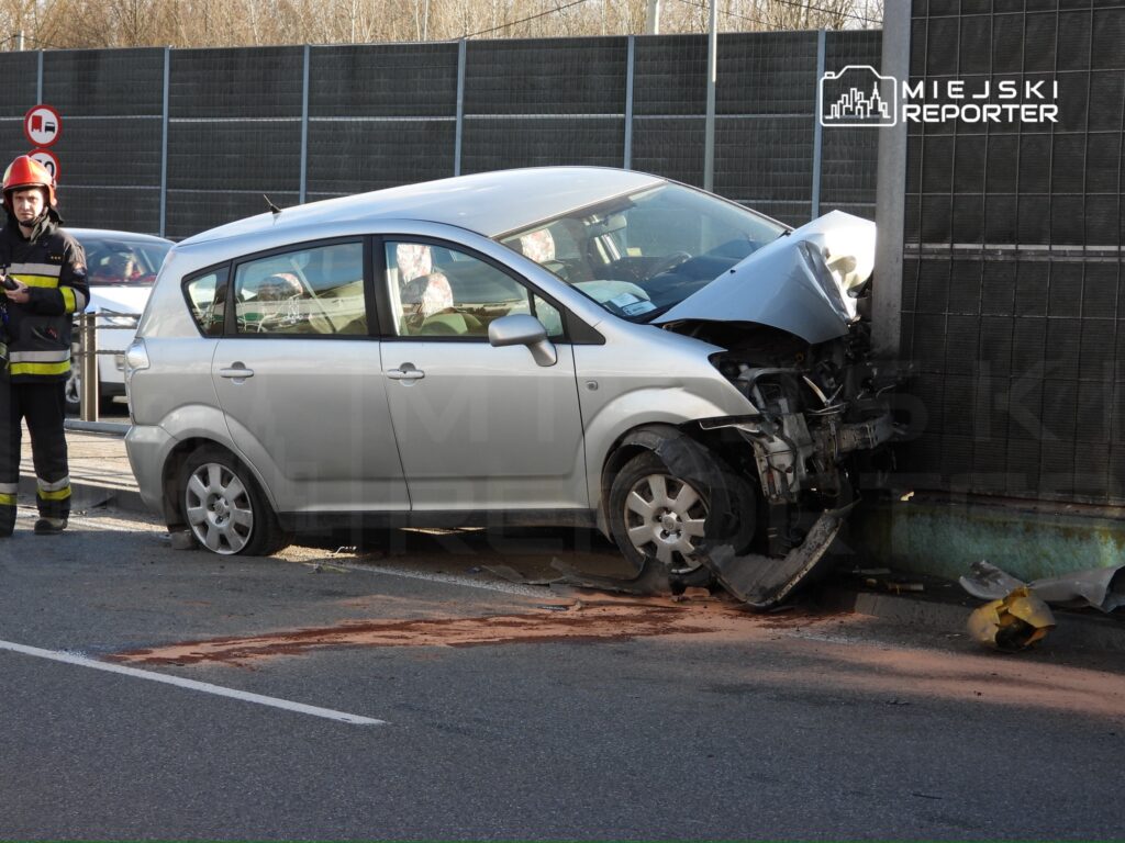 Srebrny samochód osobowy uderzył w ogrodzenie, a obok stoi strażak z urządzeniem pomiarowym. Na jezdni widoczna plama płynu.