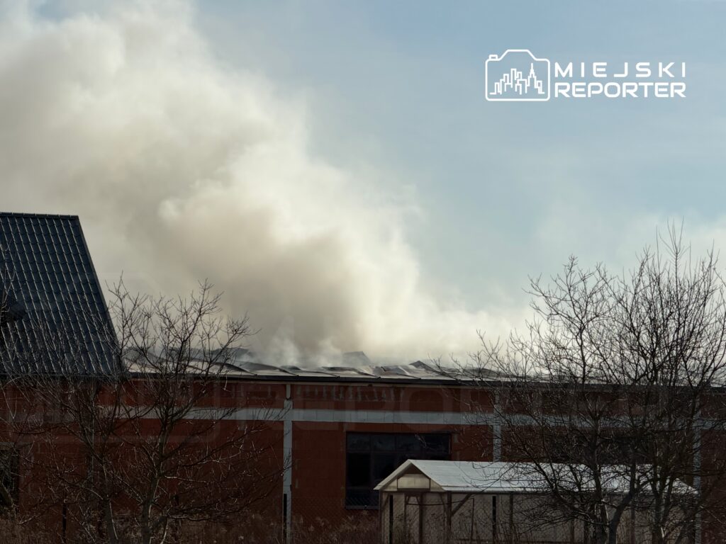Gęsty dym unosi się nad budynkiem w trakcie pożaru, w tle widać szary nieboskłon.