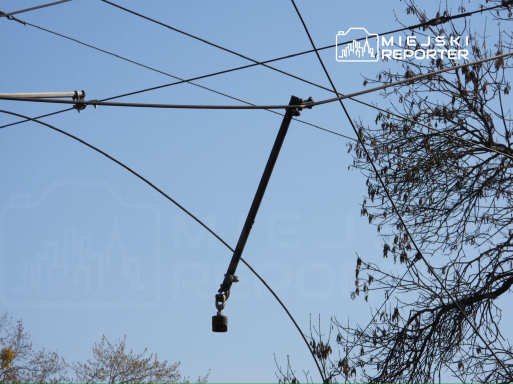 Linia tramwajowa z zawieszoną trakcją na tle błękitnego nieba i gałęzi drzew.