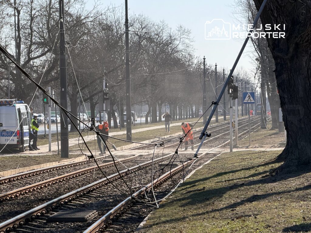 Policjant i pracownik w pomarańczowej kamizelce naprawiają uszkodzone linie tramwajowe przy torach, w tle drzewa.