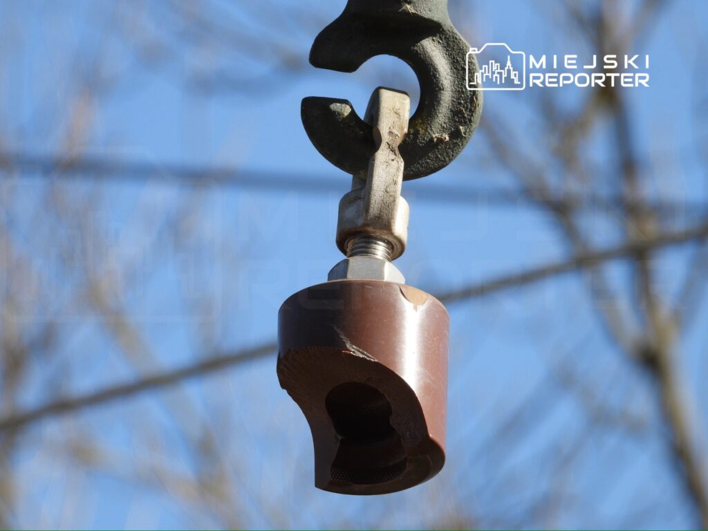 Metalowy hak z brązowym zakończeniem wisi na tle niebieskiego nieba, w otoczeniu nagich gałęzi drzew.