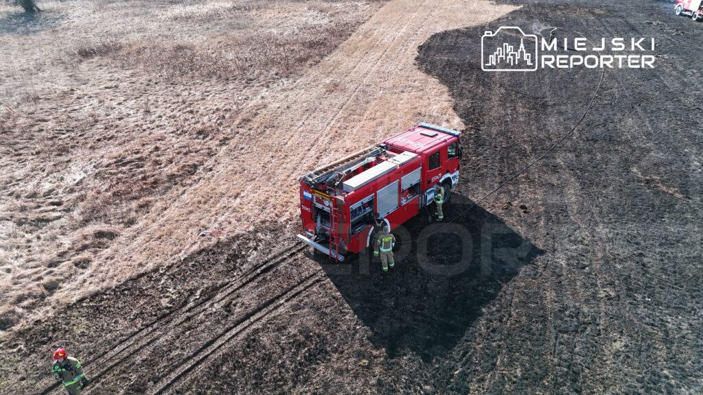 Strażacy przy wozie strażackim pracują nad gaszeniem pożaru na zarośniętym terenie.