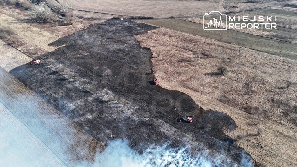 Dwa wozy strażackie gaszą pożar na wypalonej łące, otoczonej polami i drzewami. W tle widoczny dym.