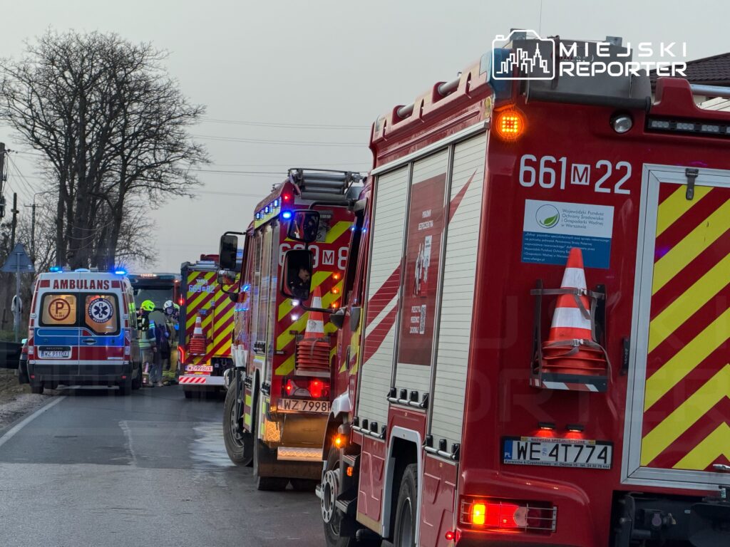 Zespół ratunkowy z ambulansami i wozami strażackimi na drodze, przy akcji ratunkowej w terenie wiejskim.