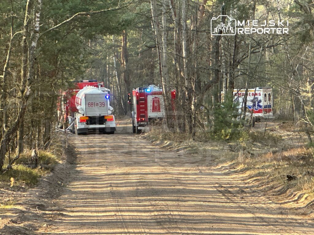 Dwa pojazdy strażackie na leśnej drodze, jeden z nich z włączonymi sygnalizatorami świetlnymi.
