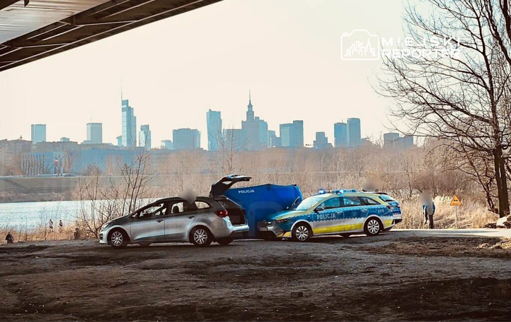 Na brzegu rzeki dwa pojazdy policyjne oraz samochód osobowy, w tle panorama miasta z wieżowcami.