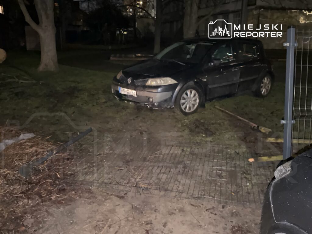 Renault zaparkowane na trawie obok ogrodzenia w zaciemnionym terenie miejskim. W tle widać budynki mieszkalne.