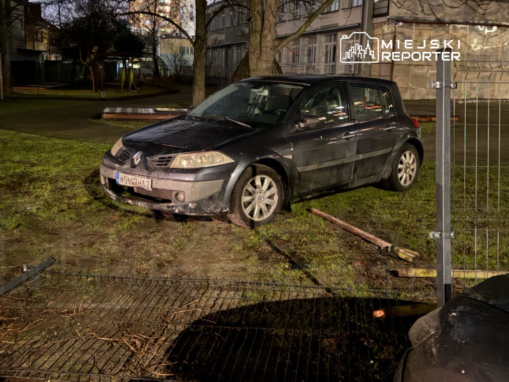 Czarny samochód osobowy zaparkowany na trawie obok ogrodzenia, w tle widoczne drzewa i budynki mieszkalne.