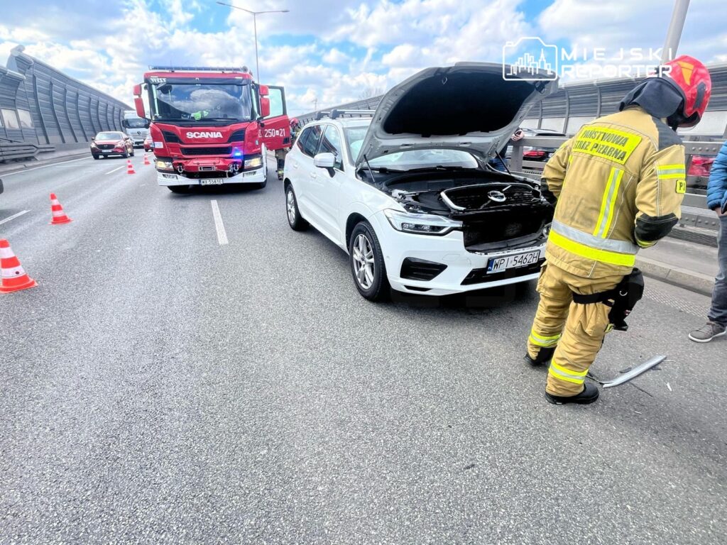 Strażak w mundurze z logo Państwowej Straży Pożarnej sprawdza samochód osobowy z otwartą maską na drodze.