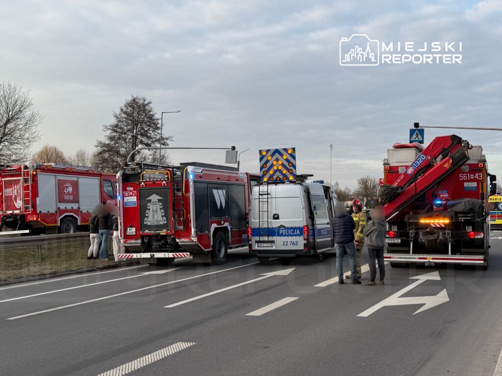 Na drodze stoją dwa wozy strażackie, radiowóz oraz zespół ratunkowy, wokół grupka ludzi rozmawia z ratownikami.
