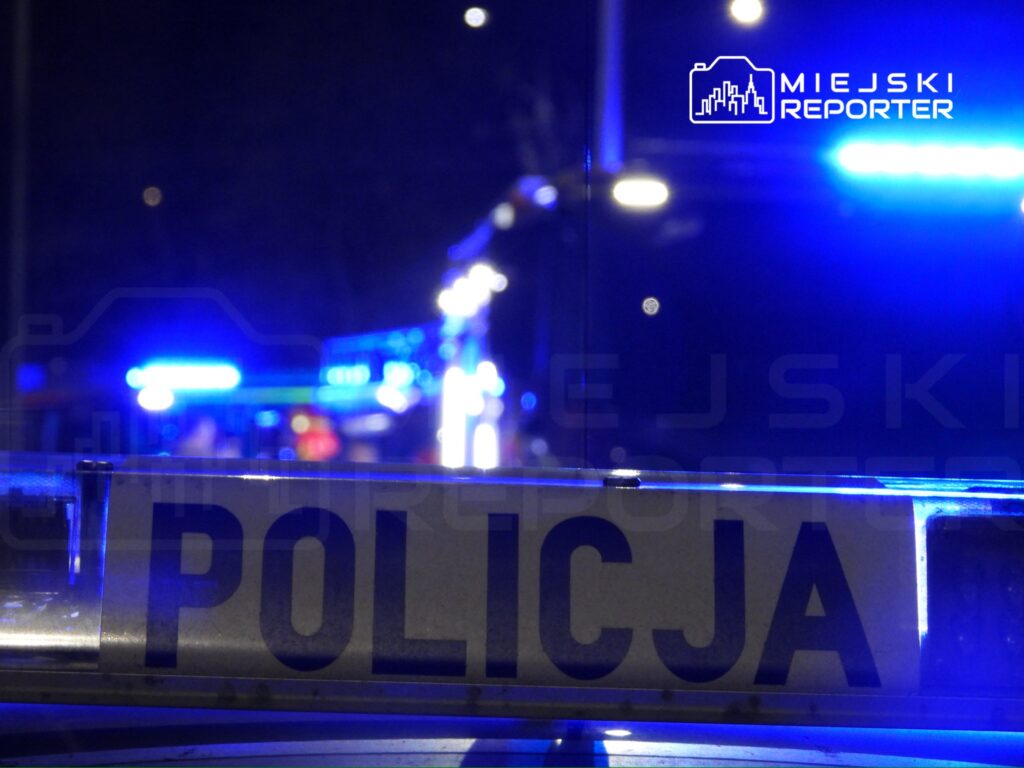 Policjant przy radiowozie z włączonymi niebieskimi światłami w nocy.