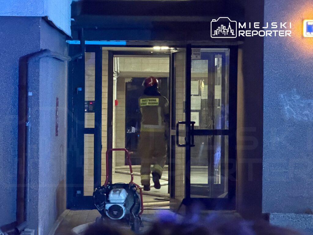 Strażak w mundurze wychodzi z budynku, obok leży sprzęt gaśniczy, a otoczenie oświetlone jest niebieskimi światłami.