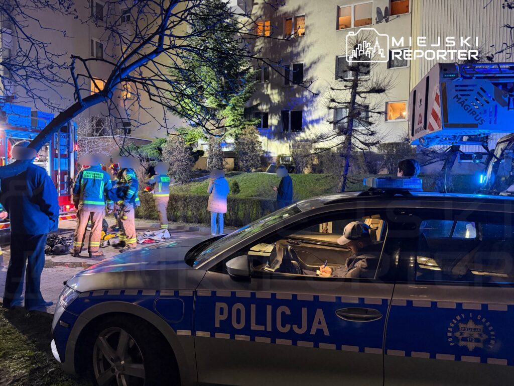 Grupa strażaków w mundurach pracuje przy wozie strażackim, podczas gdy policjant w radiowozie notuje informacje.