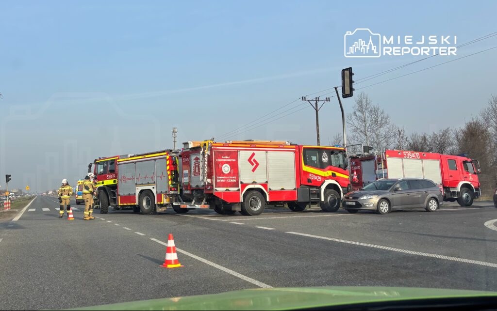 Grupa strażaków w mundurach pracuje przy zablokowanej drodze, obok dwóch wozów strażackich i oznakowania drogowego.