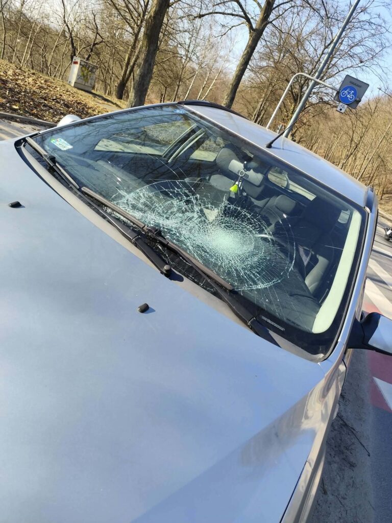 Uszkodzony samochód z pękniętą szybą przednią zaparkowany na drodze w otoczeniu drzew.