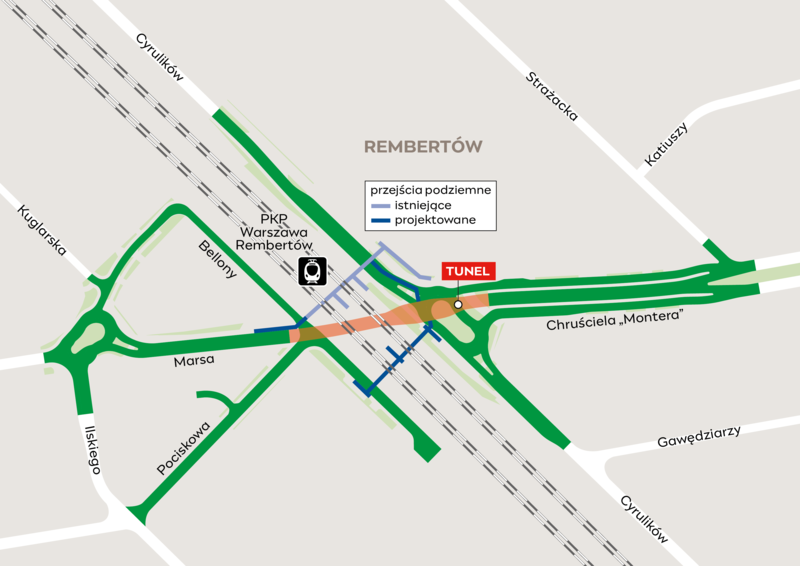 Mapa z lokalizacją stacji PKP Warszawa Rembertów oraz projektowanych przejść podziemnych i tunelu.