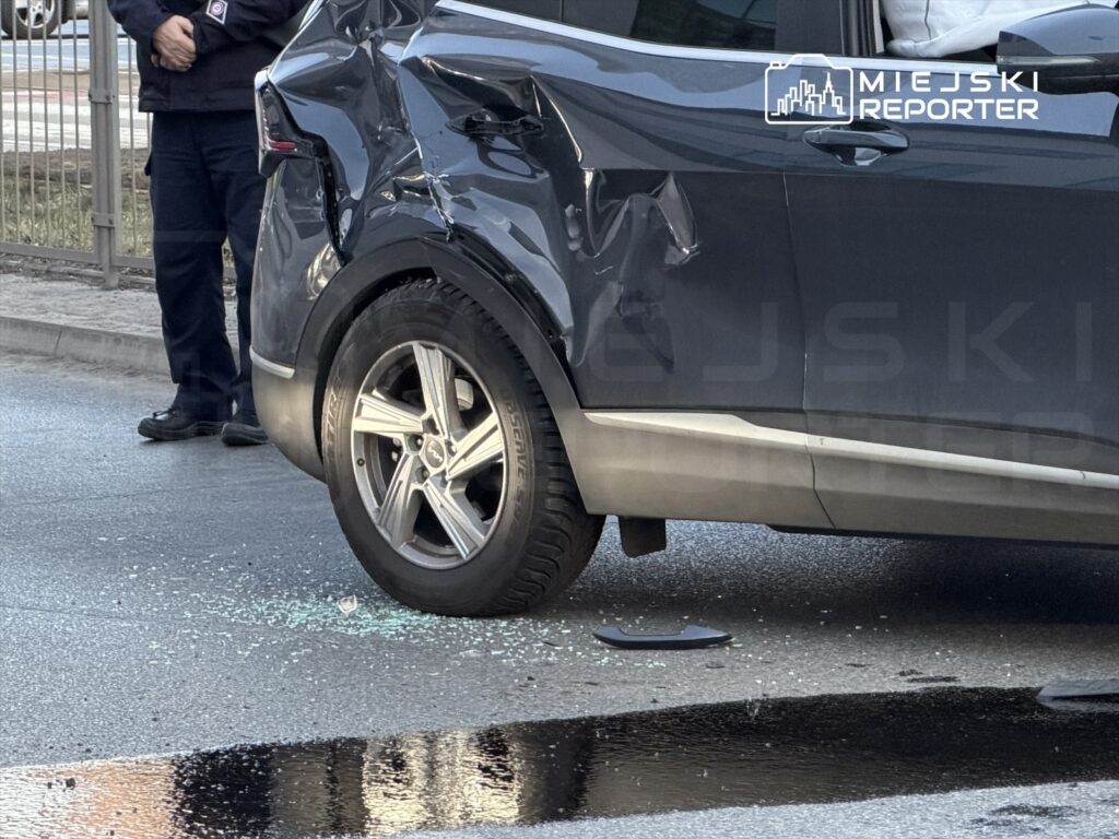 Uszkodzony pojazd z wgniecioną karoserią stoi na jezdni, obok leżą odłamki szkła, a w tle stoi funkcjonariusz.